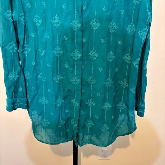 Chico's Cotton Blend Embroidered Teal Button Front Long Sleeve Tunic Top - Picture 7 of 10